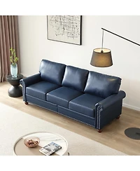 Streamdale FurnitureClassic Living Room Round Arm with Silver Nails Sofa Navy Blue Faux Leather