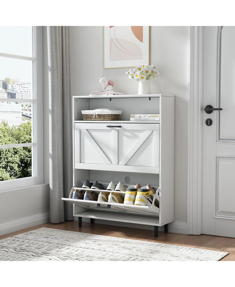 Streamdale Farmhouse Shoe Cabinet with Barn Door and Flip Drawers