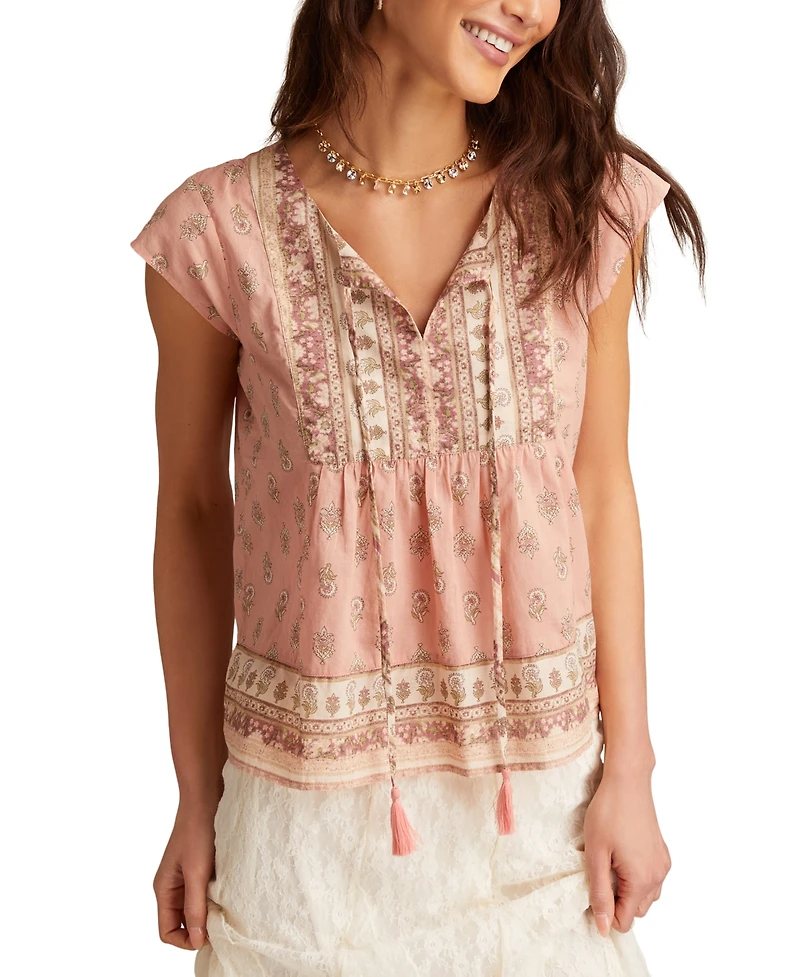 Lucky Brand Women's Cotton Mixed-Print Peasant Blouse