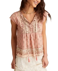 Lucky Brand Women's Cotton Mixed-Print Peasant Blouse