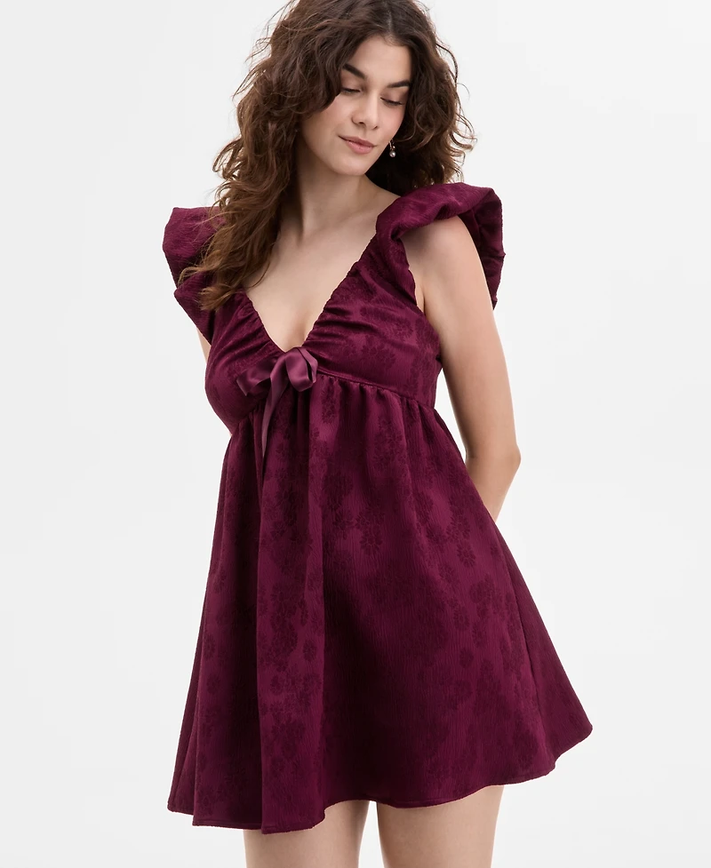 Row A Juniors' Jacquard Ruffled Babydoll Mini Dress