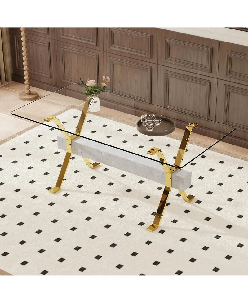 Streamdale Modern Glass Dining Table with Gold Legs, Multipurpose for Home/Office (71"x35"x30")