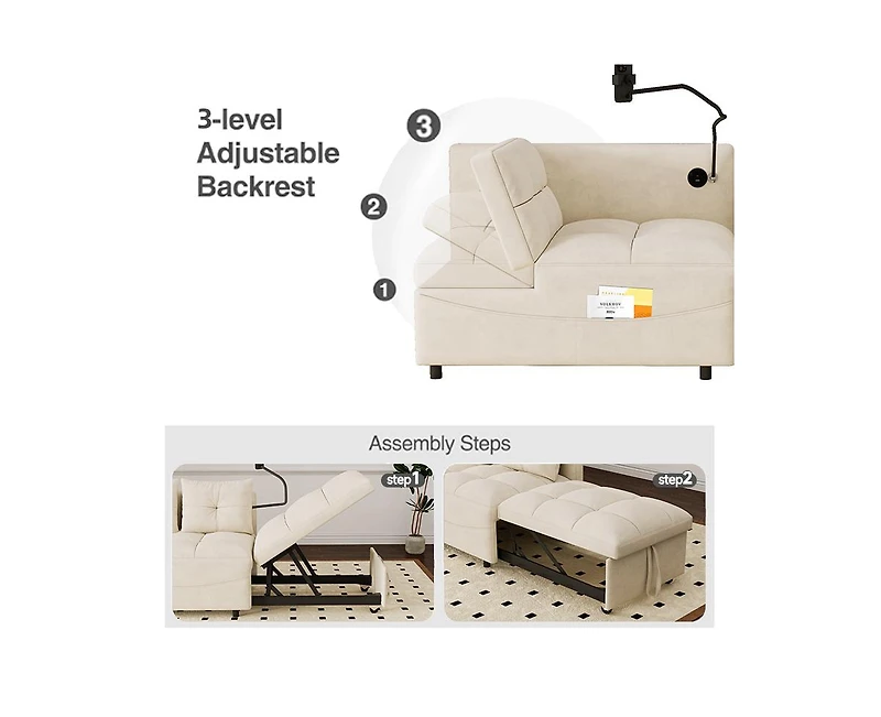 Streamdale 3-in-1 Velvet Sofa Bed with Usb, Phone Stand, and Adjustable Back (Beige)