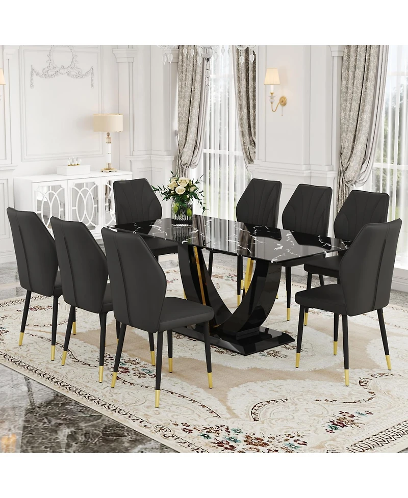 Streamdale Black Marble Pattern Tempered Glass Dining Set - 71"x35.4" with 8 Black Pu Chairs With a Widened Backrest Design