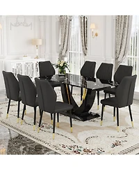 Streamdale Black Marble Pattern Tempered Glass Dining Set - 71"x35.4" with 8 Black Pu Chairs With a Widened Backrest Design