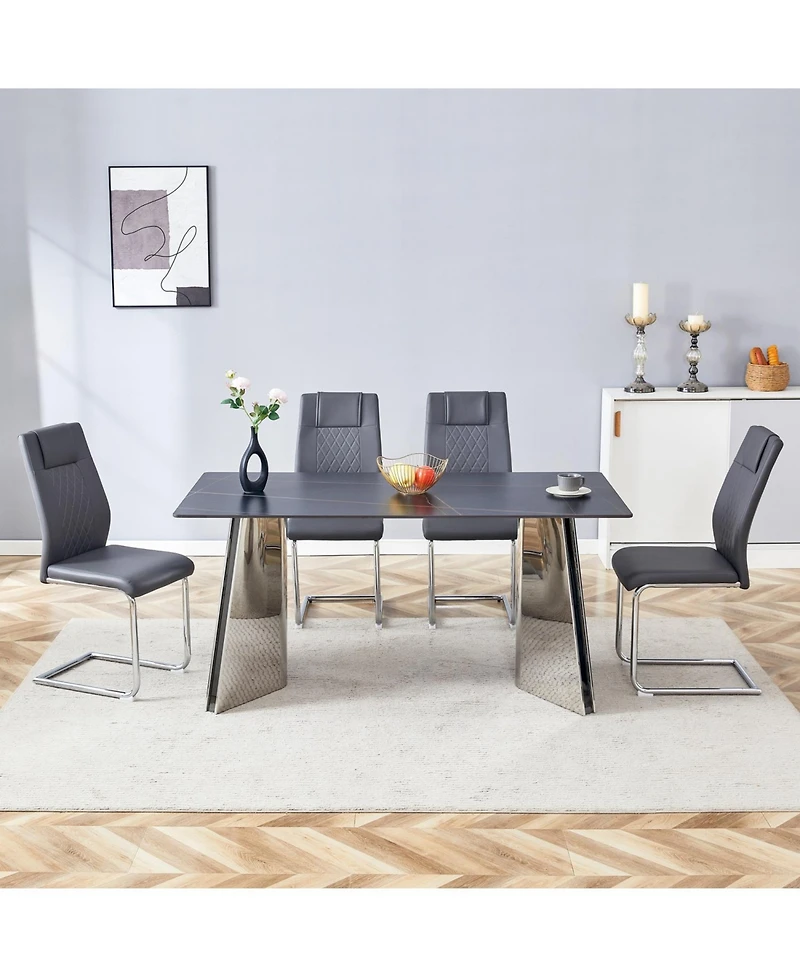 Streamdale Black Marble Table and 4 Dark Gray Pu Chairs with Butterfly Legs