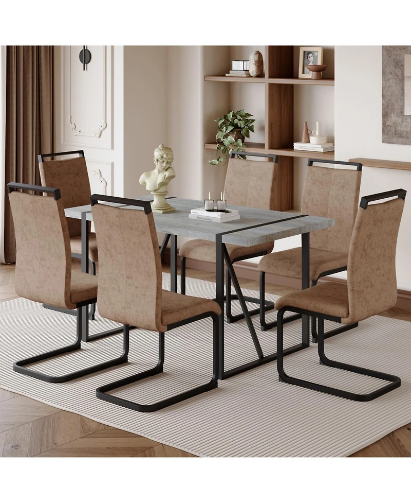 Streamdale Modern Grey Marble Mdf Dining Set with 6 Tech Fabric Chairs and Black Arched Legs