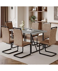 Streamdale Modern Grey Marble Mdf Dining Set with 6 Tech Fabric Chairs and Black Arched Legs