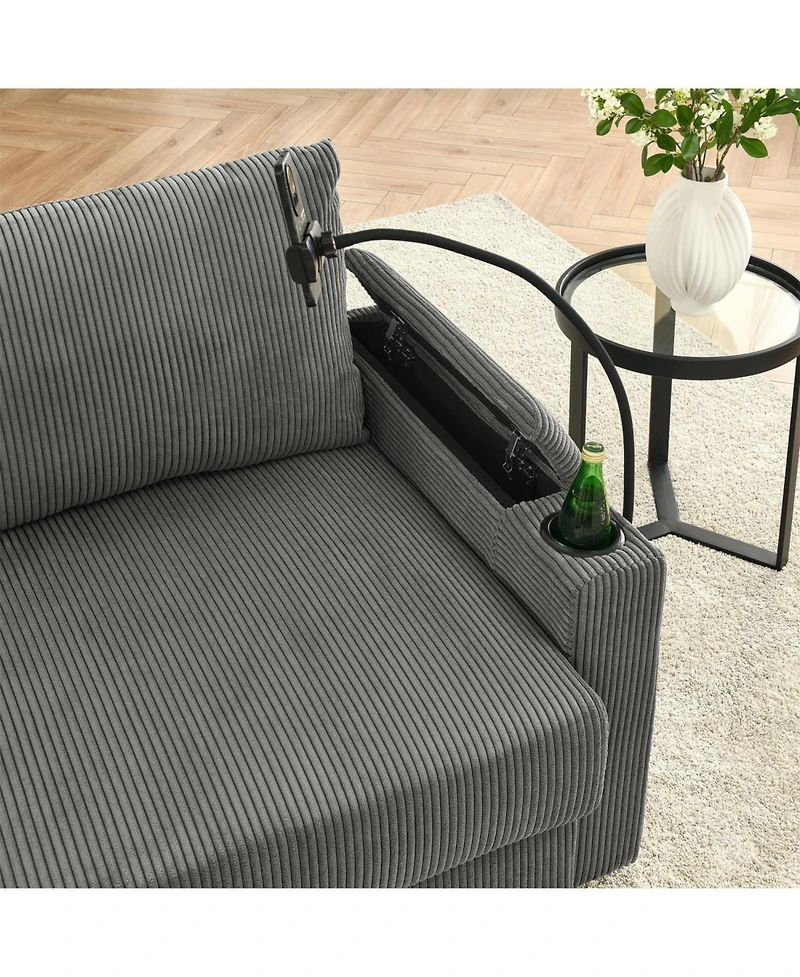 Streamdale Modern Storage Sofa with Ottoman Grey Corduroy Sofa with Device Chargers