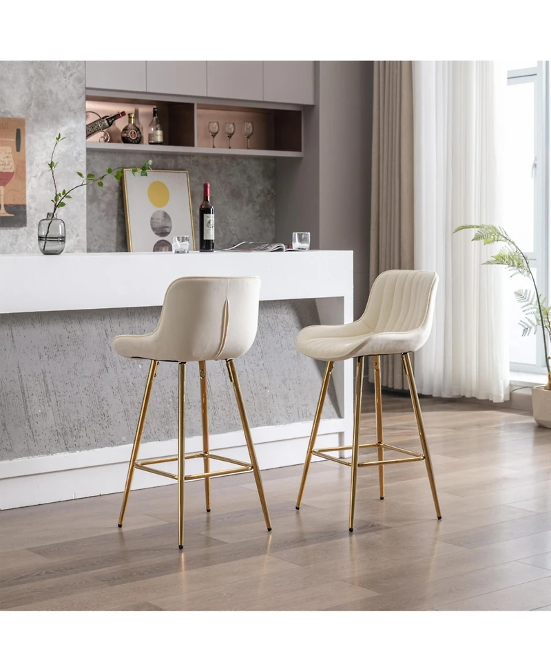 Streamdale Velvet Counter Stool Duo with Golden Legs and Chrome Footrest