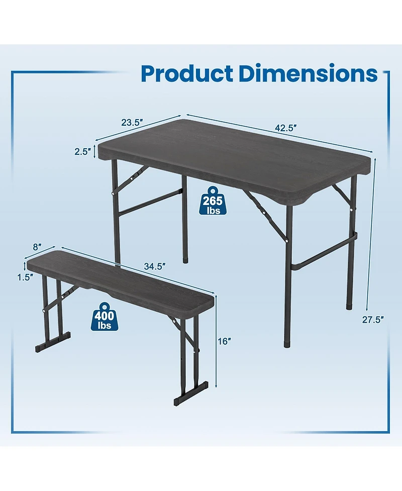 Outdoor Folding Table Bench Set w All-Weather Hdpe Tabletop and Sturdy Metal Frame-Black
