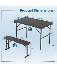 Outdoor Folding Table Bench Set w All-Weather Hdpe Tabletop and Sturdy Metal Frame-Black