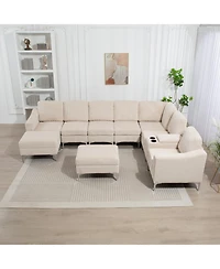 Beige Corduroy Convertible Sectional Sofa with Ottoman, Usb