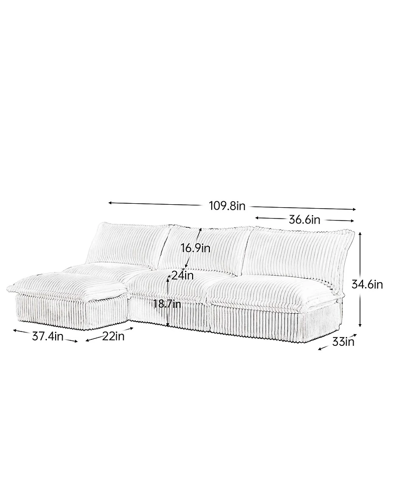 Cream Corduroy Modular Armless Sectional Sofa with Reversible Ottoman