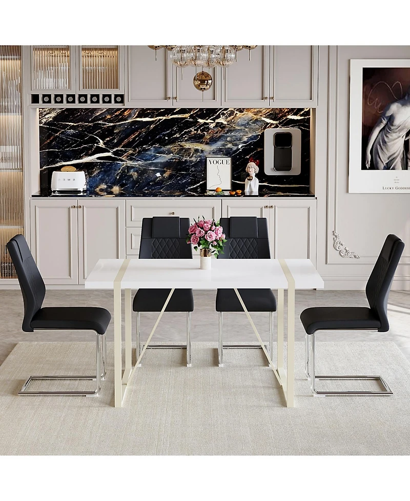 Streamdale Cream-Style Mdf Dining Table Set with 4 Black Chairs and Silver Legs