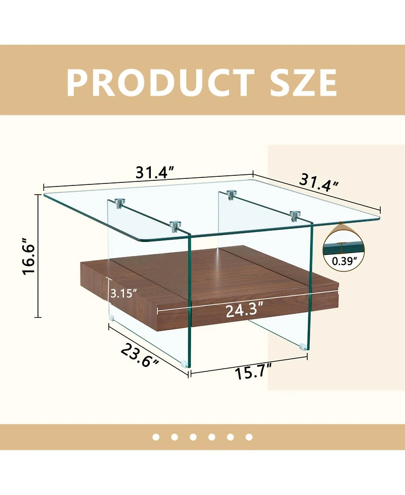 Streamdale Modern Square Glass Coffee Table with Two Tiers (31.4