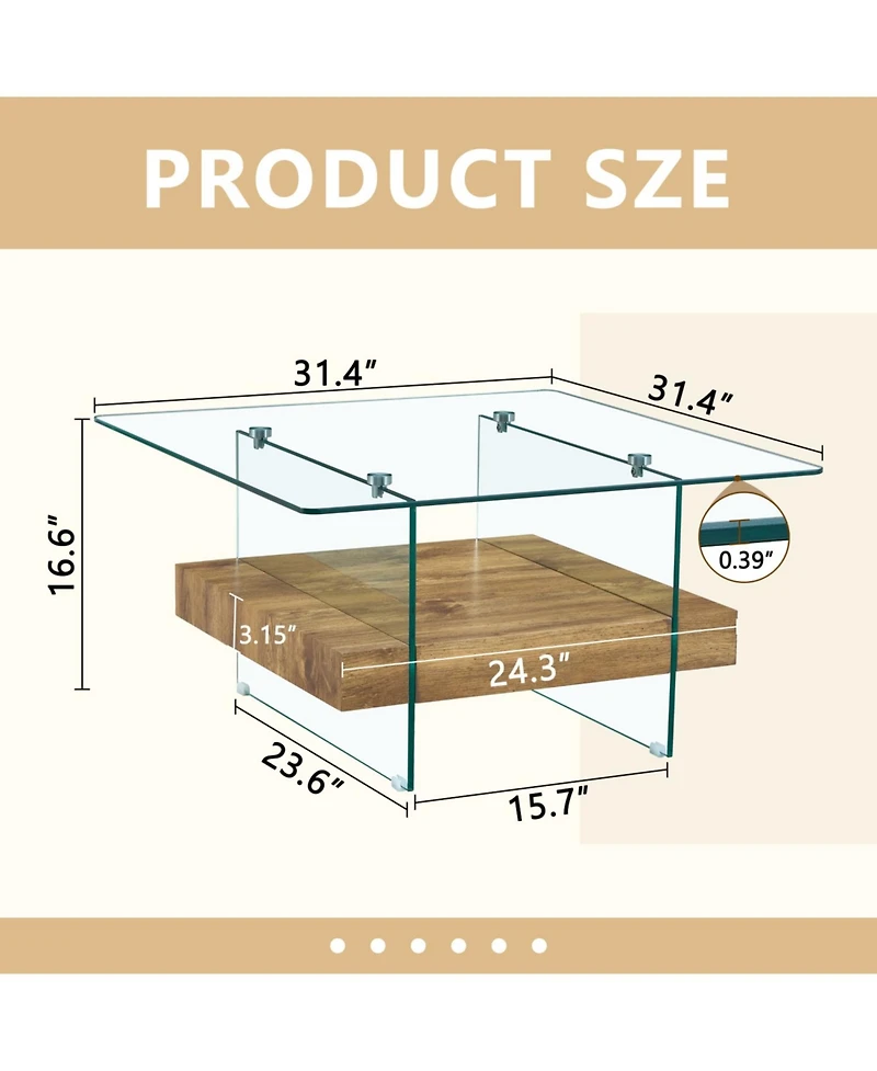 Streamdale Modern Square Coffee Table Glass and Wood Combo