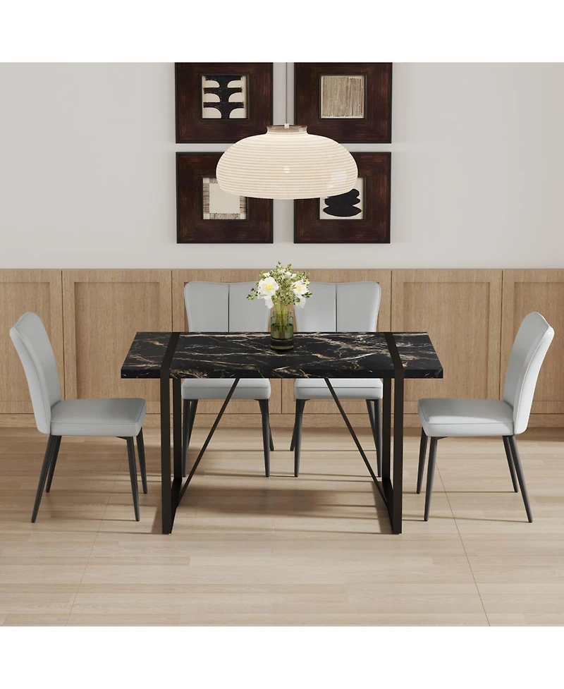 Streamdale Furniture Modern Marble Dining Set Black Table & Light Gray Striped Chairs
