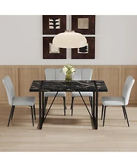 Streamdale Furniture Modern Marble Dining Set Black Table & Light Gray Striped Chairs