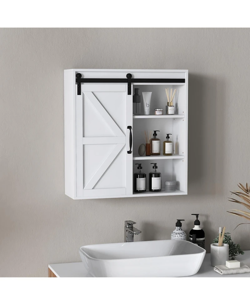 Farmhouse Bathroom Wall Cabinet, Medicine Cabinet with Sliding Barn Door and Adjustable Shelf, Over the Toilet Cabinet, White
