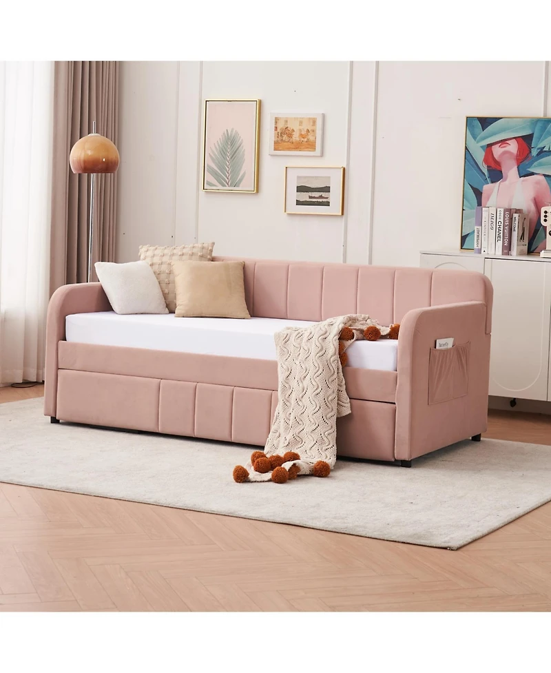 Streamdale Twin Daybed Frame with Trundle, Sofa Bed, Wood Slat Support, Pink