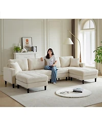 Streamdale Oversized U-Shaped Corduroy Modular Sofa with Ottomans and Pillows