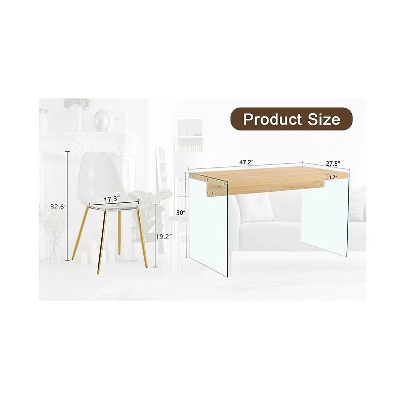 Streamdale Contemporary Wood Table and Chair Set Textured Mdf Table with Tempered Glass Legs and 4 Acrylic Chairs on Gold Bases