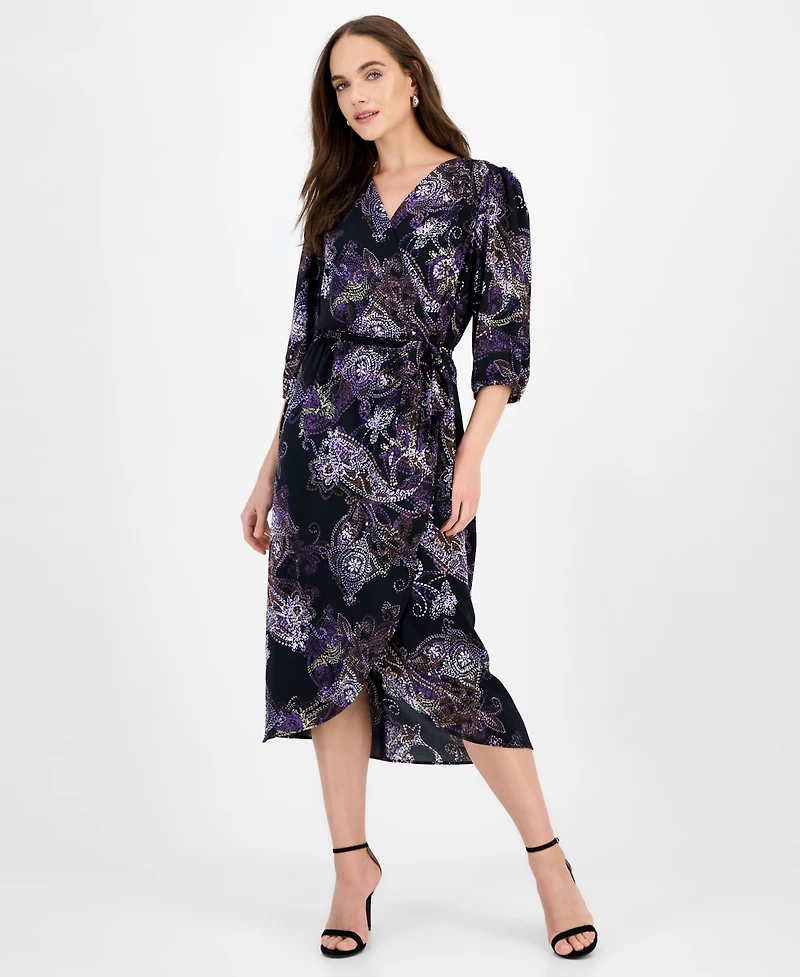 Connected Women's 3/4-Sleeve Faux-Wrap Midi Dress