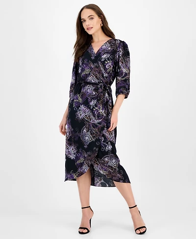 Connected Women's 3/4-Sleeve Faux-Wrap Midi Dress