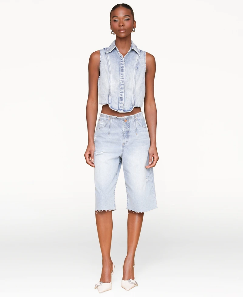 Avec Les Filles Women's Sleeveless Tuxedo Cotton Denim Shirt