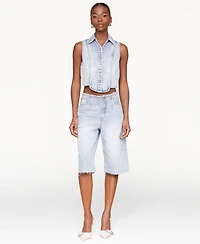 Avec Les Filles Women's Sleeveless Tuxedo Cotton Denim Shirt