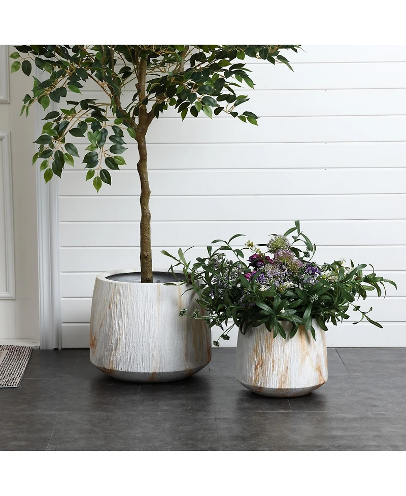 LuxenHome 2-Piece Marble White with Brown Ribbons Texture MgO Planter Set, Indoor and Outdoor