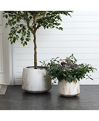 LuxenHome 2-Piece Marble White with Brown Ribbons Texture MgO Planter Set, Indoor and Outdoor