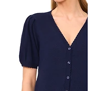 CeCe Women's Pointelle-Stitch Short-Sleeve V-Neck Cardigan