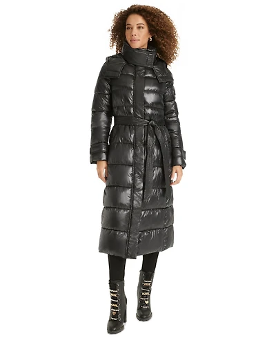 Karl Lagerfeld Womens Shine Hooded Belted Puffer Coat
