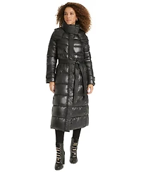 Karl Lagerfeld Womens Shine Hooded Belted Puffer Coat
