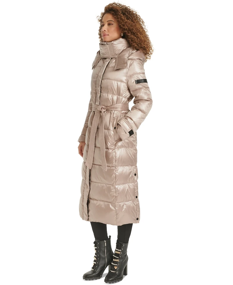 Karl Lagerfeld Womens Shine Hooded Belted Puffer Coat