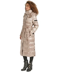 Karl Lagerfeld Womens Shine Hooded Belted Puffer Coat