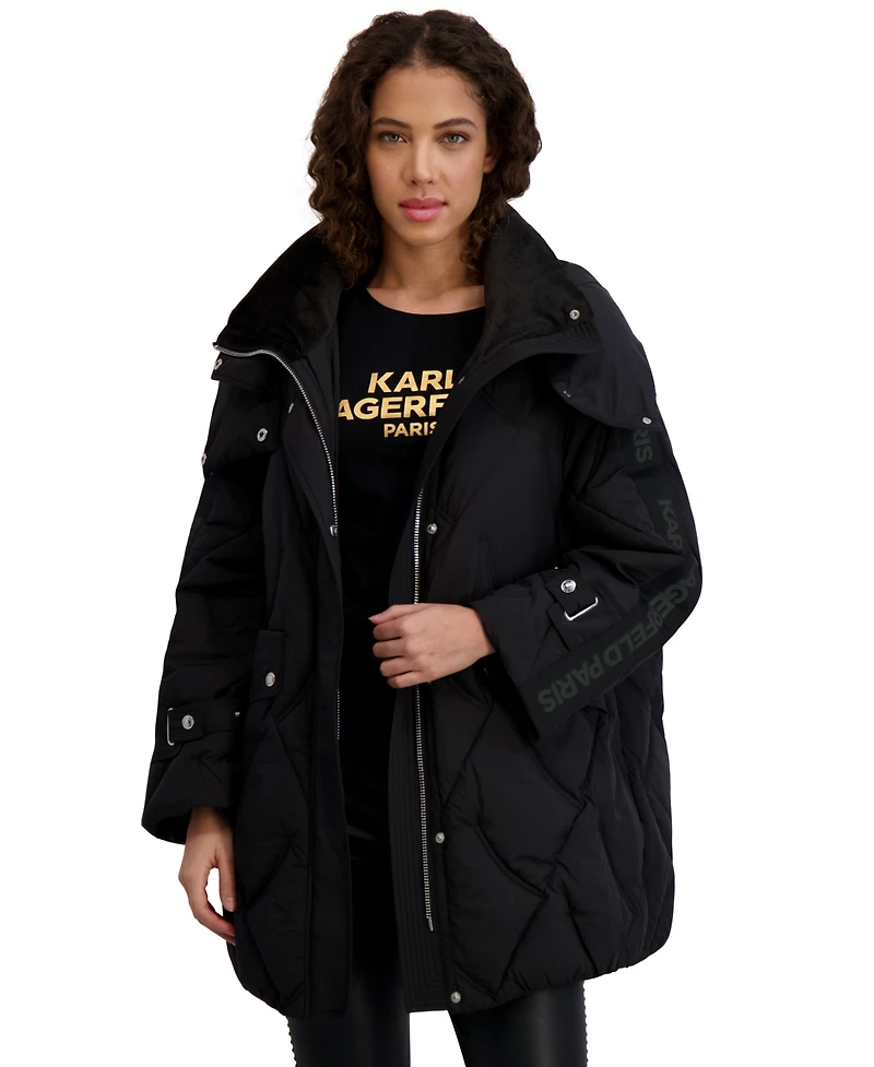 Karl Lagerfeld Paris Women's Hooded A-Line Puffer Coat