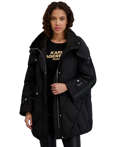 Karl Lagerfeld Paris Women's Hooded A-Line Puffer Coat