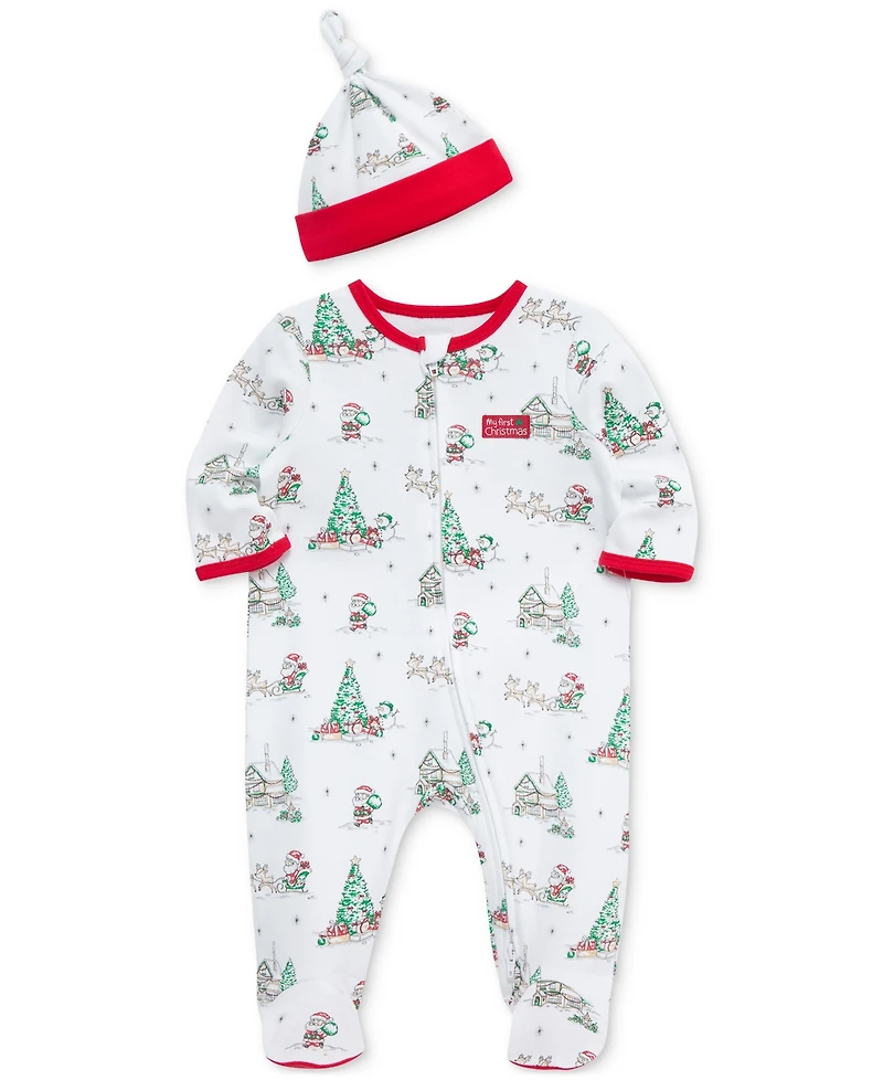 Little Me Baby Cotton Holiday Scene Footed Coverall & Hat