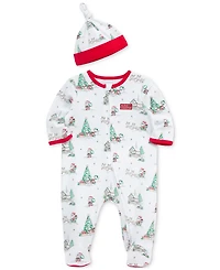 Little Me Baby Cotton Holiday Scene Footed Coverall & Hat