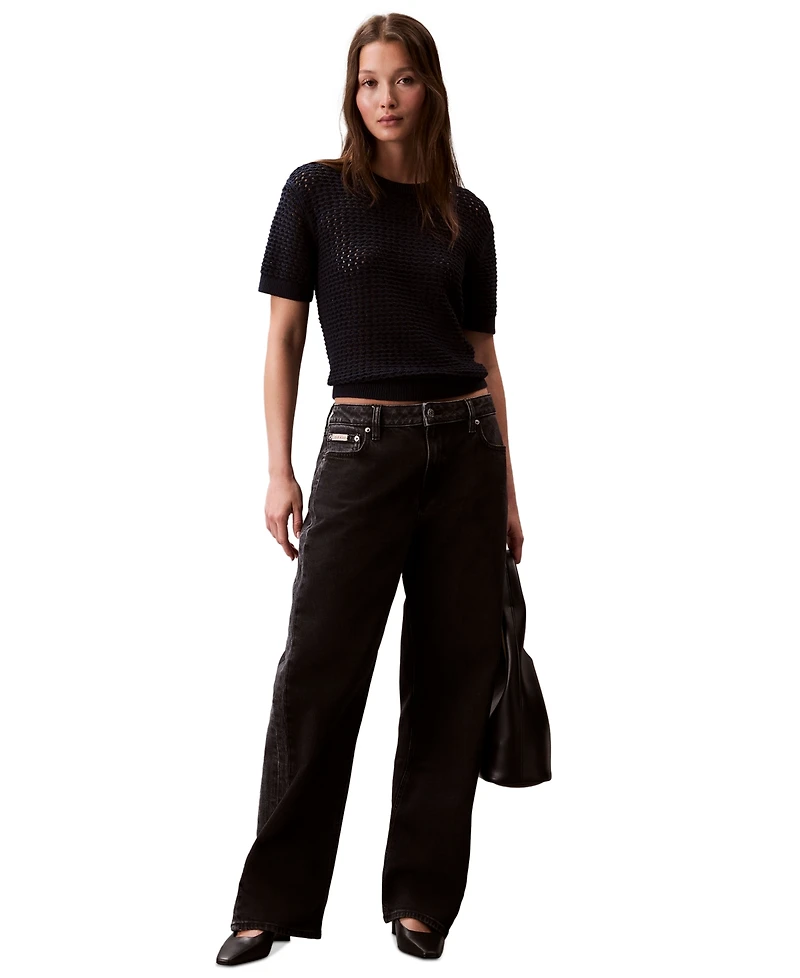 Calvin Klein Jeans Women's Cotton Open-Stitch Short-Sleeve Sweater