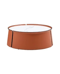 Streamdale 31.5" Coffee Table, Marble Top+Orange Saddle Leather Body+Iron Frame