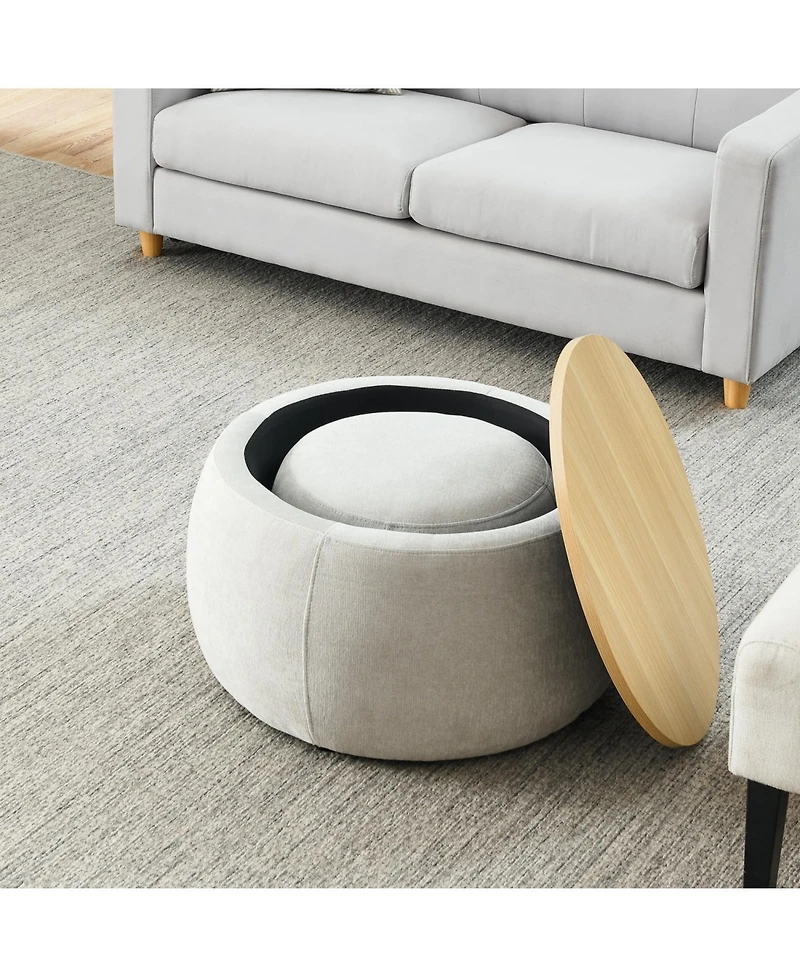 Streamdale Furniture Round Storage Ottoman, 2 in 1 Function, Work as End table and Ottoman,with small seat,Light grey(25"x25"x14.7")