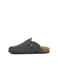 Stud strap clog with modern buckle.