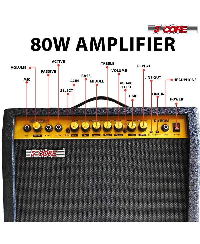 5 Core Guitar Amp 80 Watt Electric Amplifier w Built in 10" Speaker Portable Mini Practice Amps