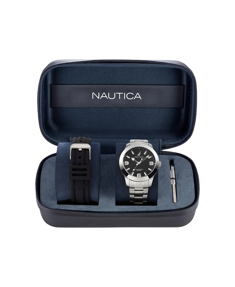 Nautica Men's Analog Silver-Tone Stainless Steel Watch Set, 43mm