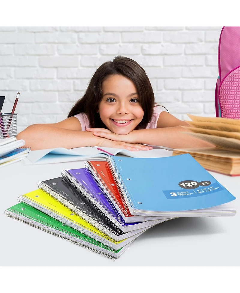 Emraw 3 Subject Spiral Notebooks Pink, Wide Ruled, 120 Sheets White Paper Ideal for Class Assignments, Homework, Planning and General Notes