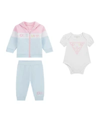 Guess Baby Girls 3-Piece Long Sleeve Zip-Up Colorblocked Sweatshirt, Short Bodysuit, and Pants Set